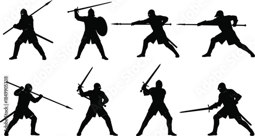 Medieval warrior silhouettes set isolated on white background, armed knights swordsmen spearmen battle poses collection for fantasy historical vector illustration