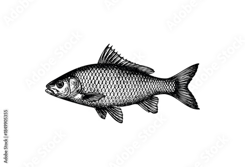 A detailed black and white line drawing of a single fish, rendered in a vintage engraving style against a clean white background, perfect for educational or design projects.