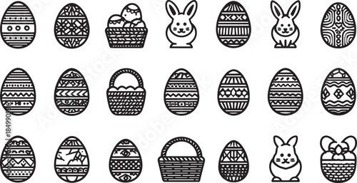 A collection of meticulously detailed line drawings, a celebration of Easter with decorative eggs, baskets and a charming bunny, evoking the spirit of renewal and joy.