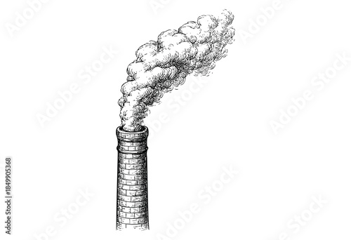A vintage line drawing depicts a brick factory chimney with thick plumes of smoke billowing upwards against a stark white background.