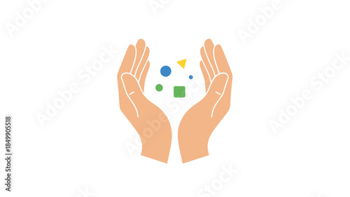 Cupped hands gently hold a collection of colorful geometric shapes representing care, creativity, and the nurturing of ideas.