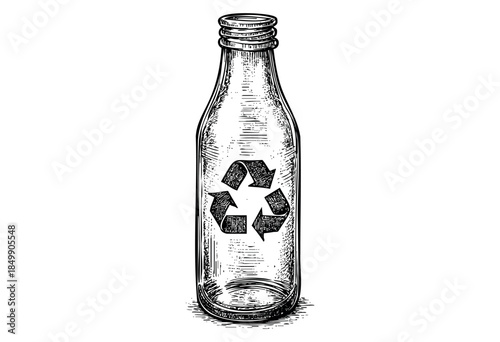 This black and white line drawing features an empty glass bottle with a prominent recycling symbol inside, suitable for concepts related to sustainability and environmental awareness.