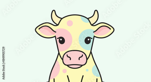 Cute pastel-colored cartoon cow illustration with playful expression and soft background