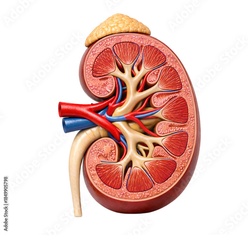 Detailed 3D anatomical model of a human kidney in cross-section, featuring the adrenal gland, renal cortex, medulla, pyramids, vessels, and ureter