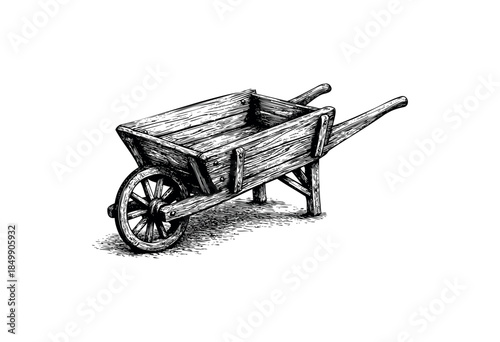 A detailed black and white sketch of an old wooden wheelbarrow, rendered with fine hatching and cross-hatching for texture and shadow, on a clean white background.