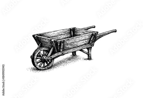 An old-fashioned wooden wheelbarrow, rendered in a detailed black and white sketch style, sits isolated on a white background, evoking a sense of rural history and manual labor.