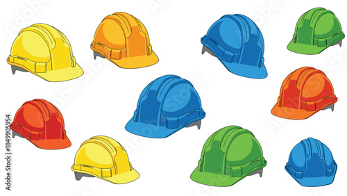 Colorful collection of hard hats displayed on a white background represents workplace safety and construction industry protection.