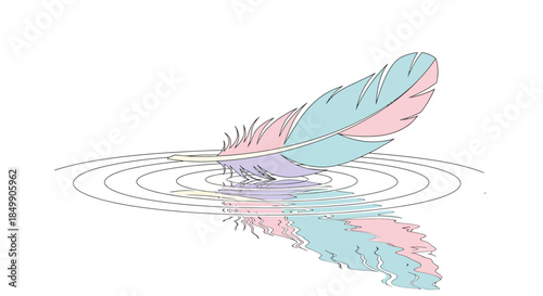 Delicate pastel-colored feather floating on water with gentle ripples in soft shades of pink blue