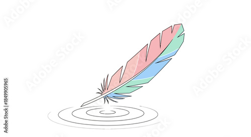 Delicate pastel-colored feather gracefully falling into water creating ripples on a white background