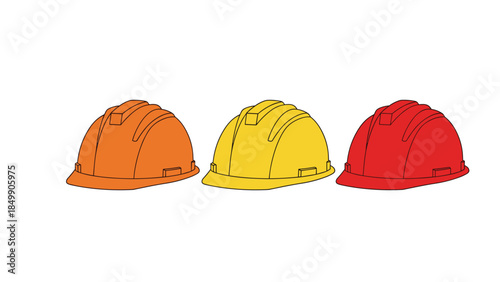 Three colorful construction helmets are displayed in a row, representing workplace safety and protection for workers on site.