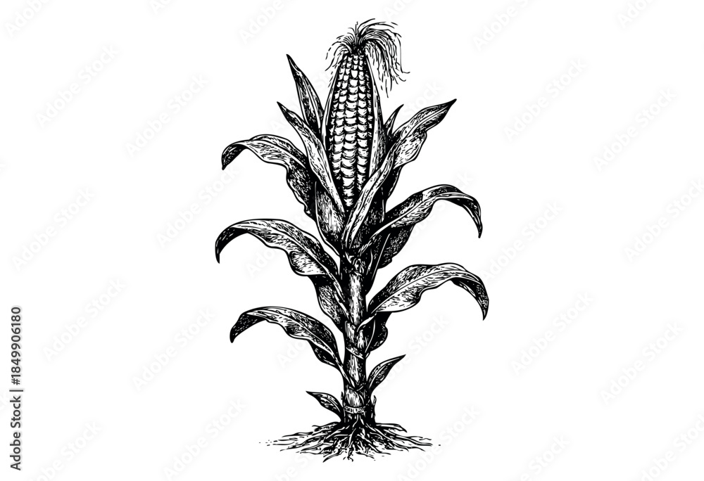 Obraz premium Detailed black and white line art illustration of a mature corn plant, showcasing its stalk, leaves, cob, and root system against a clean white background.