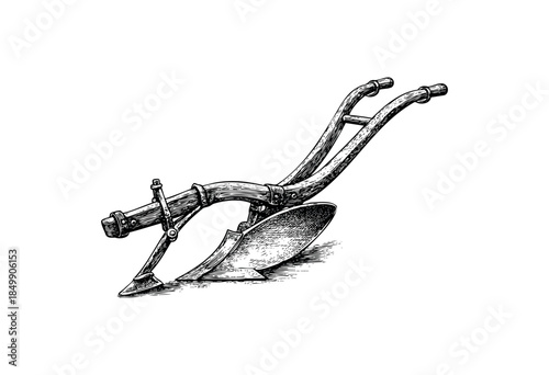A detailed black and white ink illustration of an old-fashioned horse-drawn plow, isolated on a white background. Perfect for themes of agriculture, history, and farming.