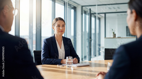professional female job candidate seated at a modern boardroom table during a job interview