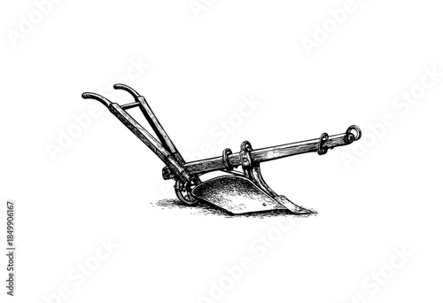 An antique single-furrow plough is depicted in a vintage black and white illustration, isolated on a white background, evoking a sense of history and manual labor.