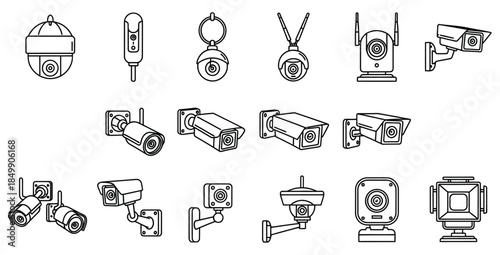 Collection of various security and surveillance camera icons presented in a clean black and white outline style