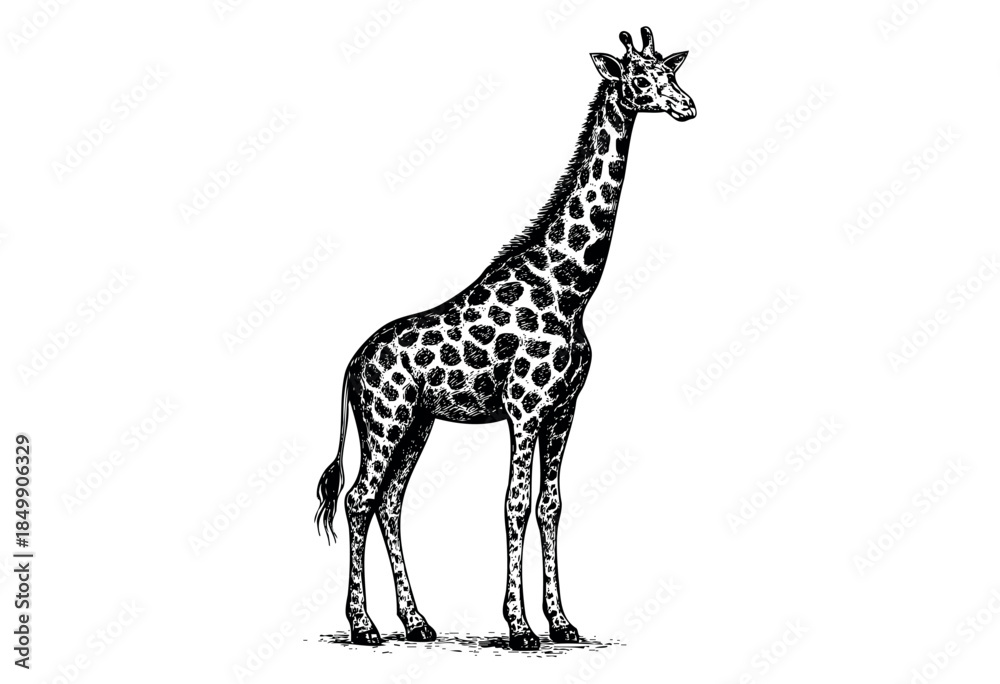 Obraz premium A detailed black and white ink sketch of a giraffe standing majestically on a plain white background, showcasing its unique spotted pattern and long neck.