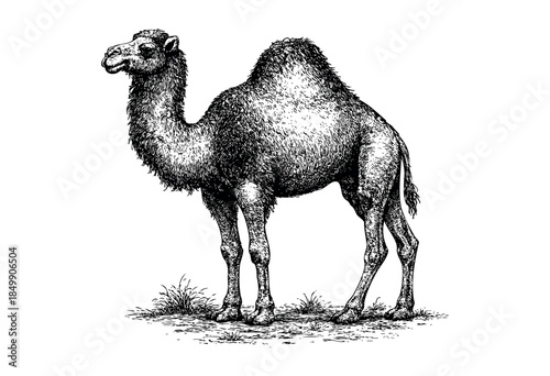 A detailed black and white illustration of a dromedary camel standing on a patch of grass, perfect for educational or travel-themed designs.