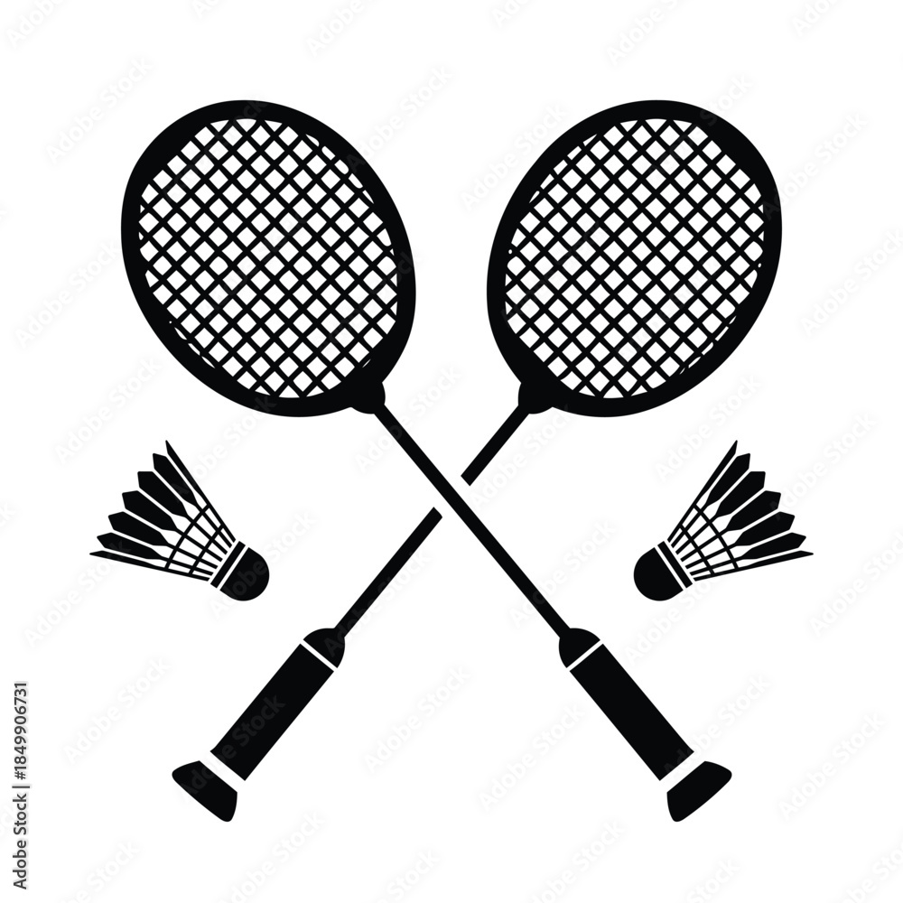 Fototapeta premium Clean black and white crossed badminton rackets with shuttlecock emblem in minimal flat vector style, modern sports logo icon design, monochrome illustration isolated on white background for brandings