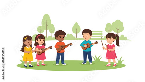 Diverse group of children happily playing musical instruments together in a park setting, fostering creativity and teamwork.