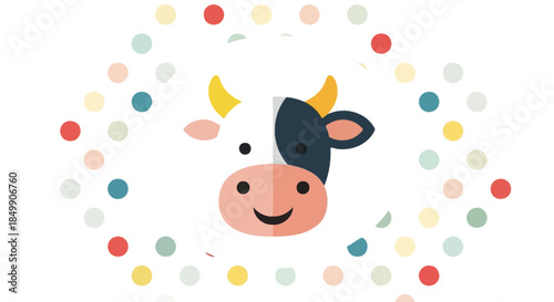 Cute cartoon cow with cheerful expression surrounded by colorful dots in playful design