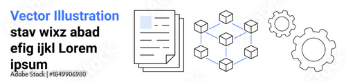 Blockchain, data management, business automation, software integration, digital processes, document security. Flat design with documents, network nodes and gear icons. Blockchain and data management