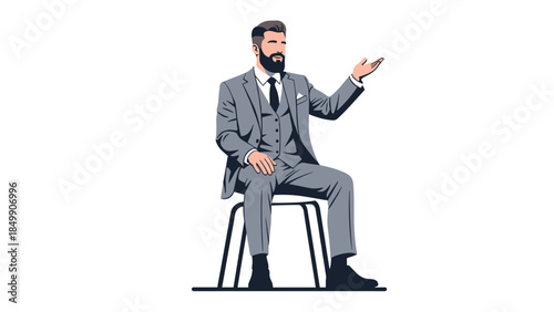 Confident businessman in a suit sits on a stool while gesturing with his hand, conveying authority and leadership.