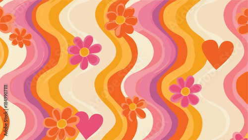 A vibrant retro-inspired pattern, featuring swirling, wavy lines, hearts and flowers in bright shades of orange, pink and yellow. This groovy illustration evokes a sense of playful nostalgia.