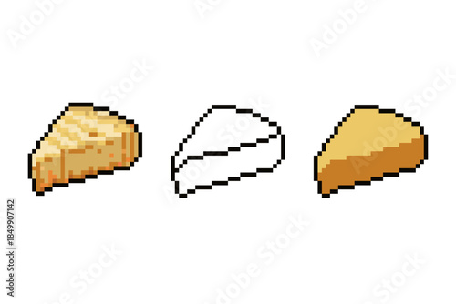 A professional set of three pixel art glutinous rice cake slices (Nian Gao), featuring a detailed shaded version, a minimalist black outline, and a flat color design. Perfect for Lunar New Year food 