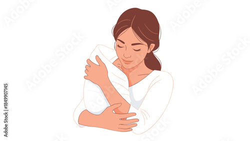 Woman embracing herself with closed eyes, demonstrating self-love and care in a peaceful, comforting illustration.