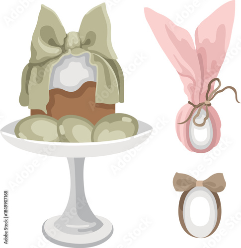 Hand-drawn Easter cake and dyed eggs with bows and cake stand composition