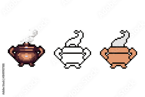 A professional set of three pixel art incense burners or censers featuring a detailed shaded version with smoke, a minimalist outline, and a flat color style. Perfect for retro RPG game items