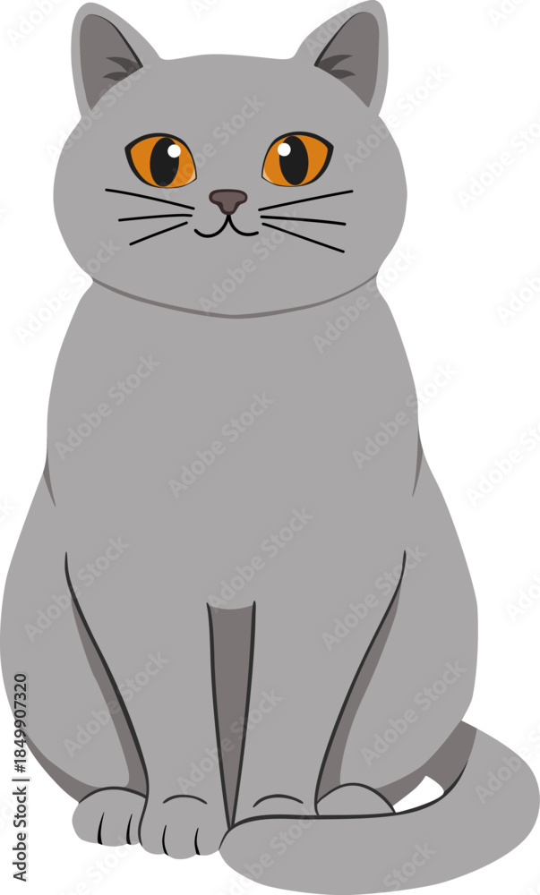 Fototapeta premium Cute Gray British Shorthair Cat Sitting, Vector Illustration for Children's Books, Pet Care, and Seamless Pattern Design Elements