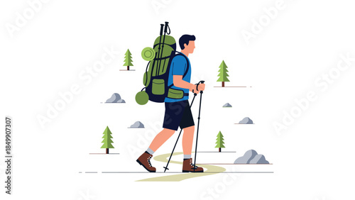 A young man is hiking with a large backpack and trekking poles through a scenic landscape with trees and rocks.