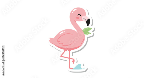 Cute Cartoon Flamingo Wearing a Leaf Around Its Neck with a Playful Expression