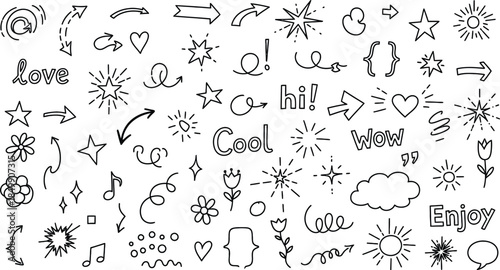 A collection of whimsical hand-drawn doodles and symbols