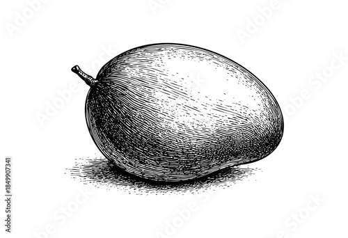 A detailed, retro-style black and white line drawing of a single ripe mango isolated on a white background, perfect for food or vintage themes.