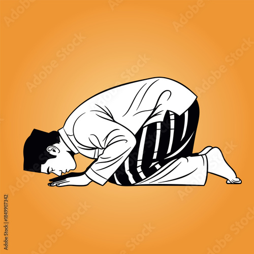 Illustration of a Muslim man praying during Ramadan, demonstrating devotion and spiritual practice