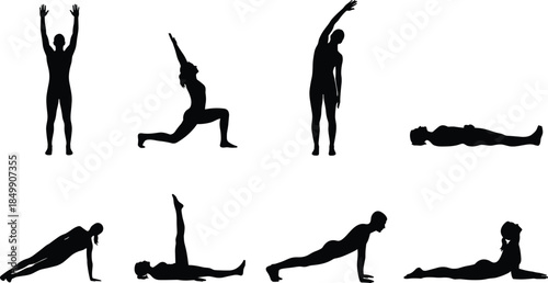 Yoga and fitness exercise silhouette poses collection, black body workout icons set, stretching meditation training vector illustration isolated