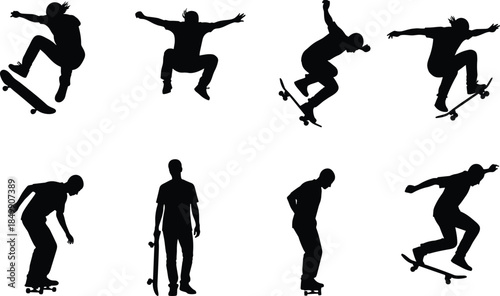 Skateboarder silhouettes performing dynamic tricks isolated on white background, urban street skateboarding action poses collection for extreme sports vector design