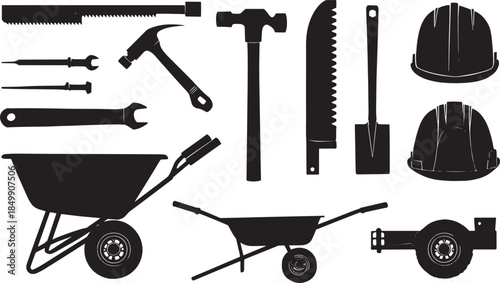 A collection of construction tools, rendered in a striking, high-contrast silhouette style. Each tool, from hammers to shovels and wheelbarrows, is isolated, offering versatility for design projects.