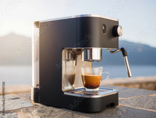 Modern espresso machine by the lakeside