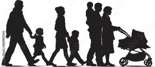 Silhouettes of different family structures walking in unison, symbolizing unity and togetherness. Capturing the diverse makeup of contemporary families, this image represents various stages of life.