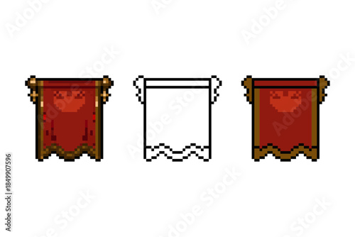 A professional set of red silk banners in pixel art style, featuring three variations: a detailed shaded version, a clean black outline, and a flat color design. Ideal for RPG games, medieval fantasy 