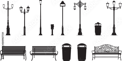 A collection of various urban objects. Cleanly isolated on a pure backdrop, this design showcases street lights, trash cans, and benches, inviting viewers to explore the elements that shape city life.