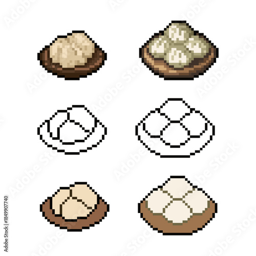 A professional collection of pixel art dumplings in bowls, featuring detailed shading, minimalist outlines, and flat color styles. Ideal for retro 8-bit video games, restaurant UI icons, New year.