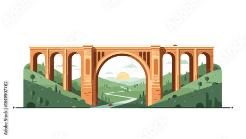 Majestic stone bridge spans a lush valley with a winding river and distant hills under a warm sunset glow.