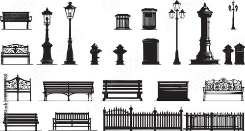 A collection of classic outdoor elements, including ornate park benches, elegant lampposts, and essential fire hydrants, meticulously rendered in a timeless silhouette.