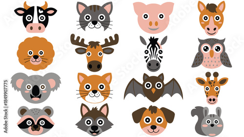 Variety of friendly illustrated animal heads for early childhood development and playful themes