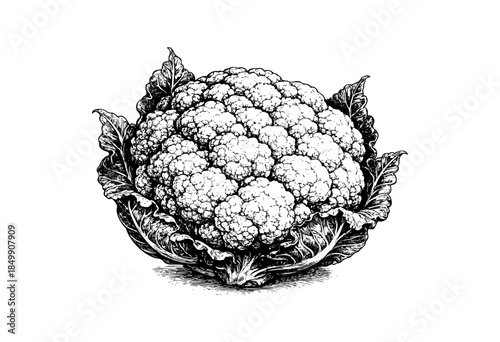 A detailed black and white illustration of a fresh cauliflower with leaves on a clean white background, suitable for culinary art or design.