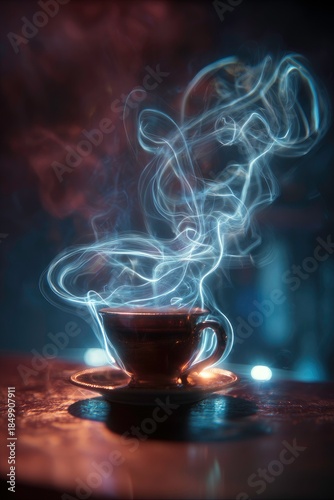 Steaming beverage cup and saucer with swirling vapor trails.